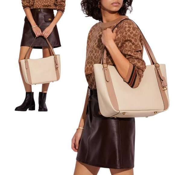 Coach Pebble Leather Alana Shoulder Tote In Colorblock - Ivory Multi - Picture 1 of 10